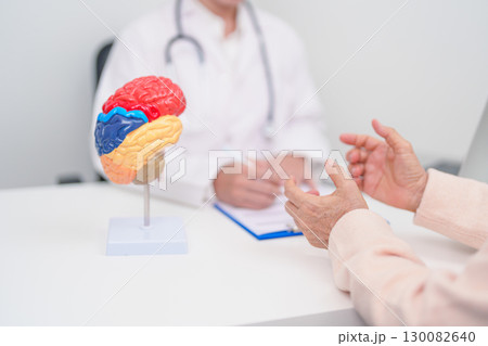 Elderly Patient consulting Doctor to Brain disease, Senior Health Medical Diagnosis. Anatomy Brain model for Explanation, Brain Tumor, neurological disorders, Dementia, alzheimer, parkinson and Mental 130082640