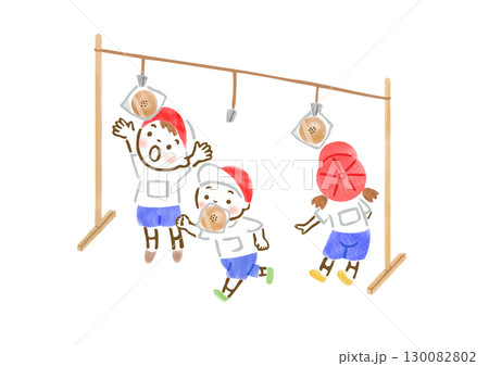 運動会でパン食い競争をする子供たちの手描きイラスト 130082802