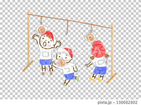 運動会でパン食い競争をする子供たちの手描きイラスト 130082802