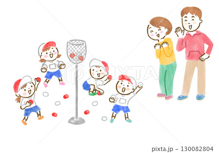 運動会で玉入れをする元気な子供たちと応援する父親母親の手描きイラスト 運動会で玉入れをする元気な子供たちと応援する父親母親の手描きイラスト 130082804