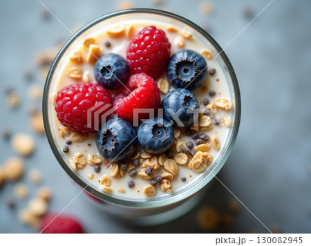 Fresh and Healthy Blueberry and Raspberry Parfait with Granola Toppings 130082945