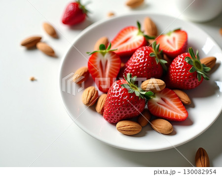Fresh Bright Strawberries and Almonds on a White Plate Still Life 130082954