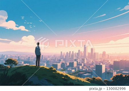 イラスト素材：都市を見渡す男性 130082996