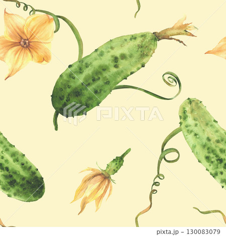 Cucumber watercolor seamless pattern. Plant with green vegetables, yellow flower, leaves, tendril on vine. Hand drawn realistic Illustration for crop packaging, wallpaper on Isolated yellow background Cucumber watercolor seamless pattern. Plant with green vegetables, yellow flower, leaves, tendril on vine. Hand drawn realistic Illustration for crop packaging, wallpaper on Isolated yellow background 130083079
