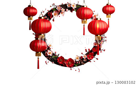 Hanging red and gold Chinese lanterns and festive decorations for seasonal celebration on white background. Hanging red and gold Chinese lanterns and festive decorations for seasonal celebration on white background. 130083102