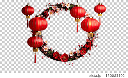 Hanging red and gold Chinese lanterns and festive decorations for seasonal celebration on white background. Hanging red and gold Chinese lanterns and festive decorations for seasonal celebration on white background. 130083102