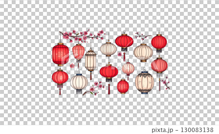 Chinese New Year lanterns and decorations with beautiful flowers in pink and red tones on a white background 130083138