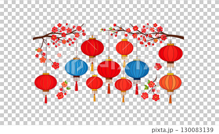 Chinese New Year lanterns and decorations with beautiful flowers in pink and red tones on a white background 130083139