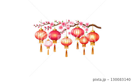 Chinese New Year lanterns and decorations with beautiful flowers in pink and red tones on a white background. 130083140