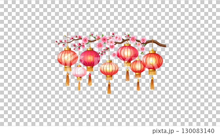 Chinese New Year lanterns and decorations with beautiful flowers in pink and red tones on a white background. 130083140