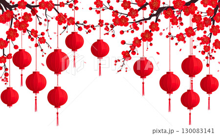 Chinese New Year lanterns and decorations with beautiful flowers in pink and red tones on a white background. Chinese New Year lanterns and decorations with beautiful flowers in pink and red tones on a white background. 130083141