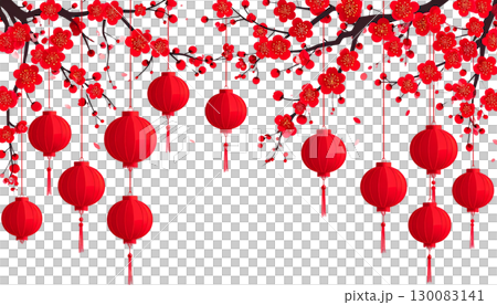 Chinese New Year lanterns and decorations with beautiful flowers in pink and red tones on a white background. Chinese New Year lanterns and decorations with beautiful flowers in pink and red tones on a white background. 130083141