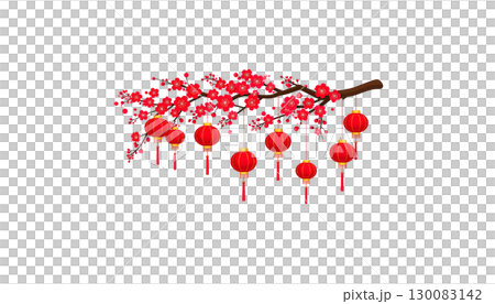 Chinese New Year lanterns and decorations with beautiful flowers in pink and red tones on a white background. 130083142