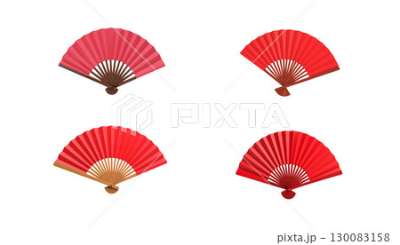 A bright red Chinese origami fan, an object with a beautiful oriental design, is isolated on a white background. 130083158