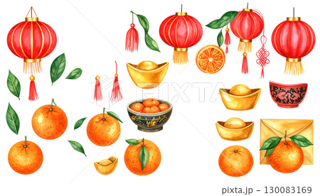 Fresh fruits and vegetables collection icon set including apple, orange, banana and strawberry isolated on white background. 130083169
