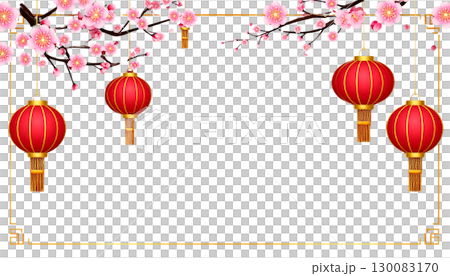 Chinese New Year lanterns and decorations with beautiful flowers in pink and red tones on a white background. 130083170