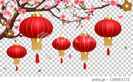 Chinese New Year lanterns and decorations with beautiful flowers in pink and red tones on a white background. 130083172