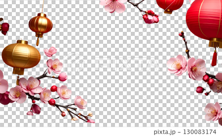 Chinese New Year lanterns and decorations with beautiful flowers in pink and red tones on a white background. 130083174
