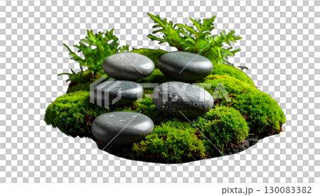 The Zen stones, stacked in a peaceful and perfectly balanced manner, symbolize the balance and stability of nature. 130083382