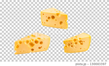 Yellow piece of Maasdam cheese with holes, isolated on a white background 130083397