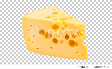Yellow piece of Maasdam cheese with holes, isolated on a white background 130083398