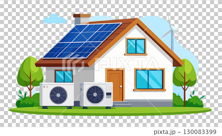 Residential solar panel home for sale, a modern energy-efficient property illustration Residential solar panel home for sale, a modern energy-efficient property illustration 130083399
