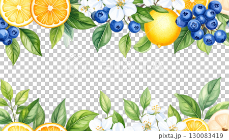 Floral frame and border with fresh fruits and oranges illustration isolated on white background. Floral frame and border with fresh fruits and oranges illustration isolated on white background. 130083419