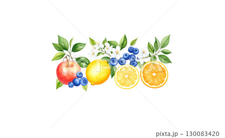 Floral frame and border with fresh fruits and oranges illustration isolated on white background. 130083420