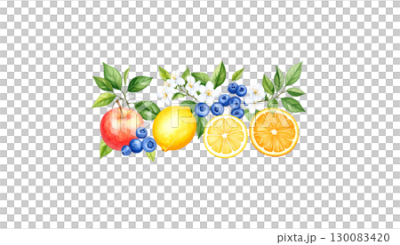 Floral frame and border with fresh fruits and oranges illustration isolated on white background. 130083420