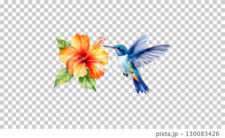 Colorful tropical birds flying with wings spread. Colorful flowers illustration on white background. 130083426