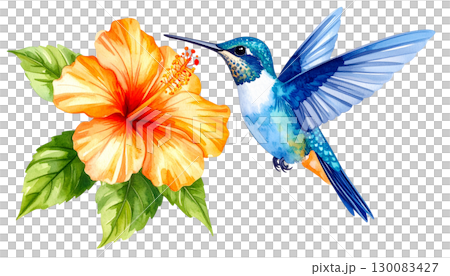 Colorful tropical birds flying with wings spread. Colorful flowers illustration on white background. 130083427