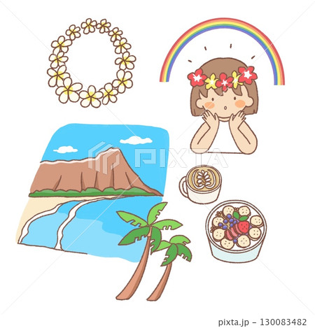 ハワイの風景と南の島のイラストセット 130083482