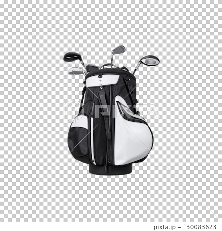 Black golf bag with golf clubs and golf bag isolated on white background. 130083623