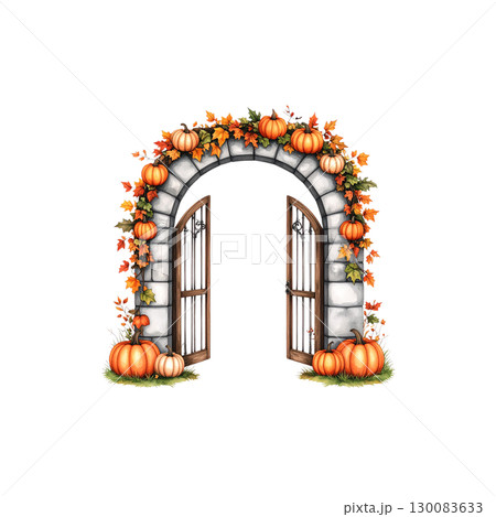 Pumpkin decoration in autumn with Halloween pumpkin on the door isolated on white background. Pumpkin decoration in autumn with Halloween pumpkin on the door isolated on white background. 130083633