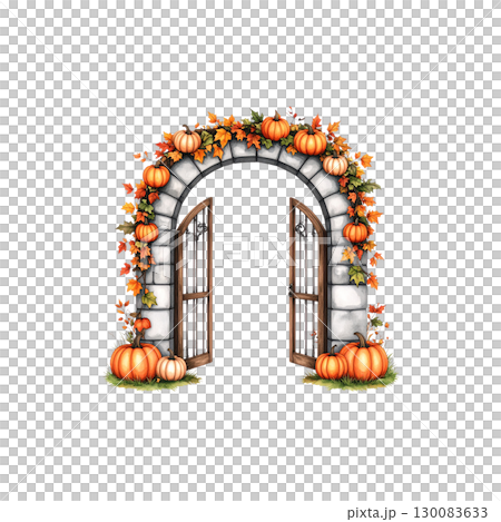 Pumpkin decoration in autumn with Halloween pumpkin on the door isolated on white background. Pumpkin decoration in autumn with Halloween pumpkin on the door isolated on white background. 130083633