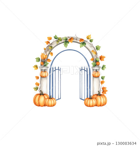 Pumpkin decoration in autumn with Halloween pumpkin on the door isolated on white background. Pumpkin decoration in autumn with Halloween pumpkin on the door isolated on white background. 130083634