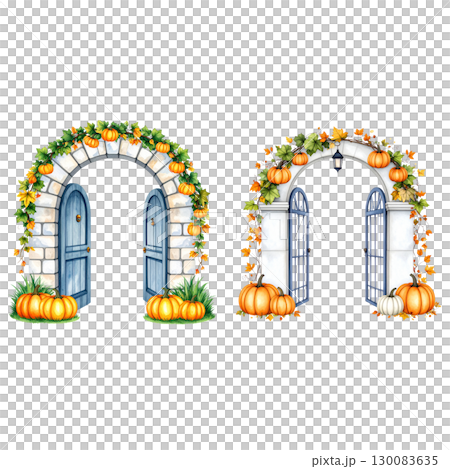 Pumpkin decoration in autumn with Halloween pumpkin on the door isolated on white background. Pumpkin decoration in autumn with Halloween pumpkin on the door isolated on white background. 130083635