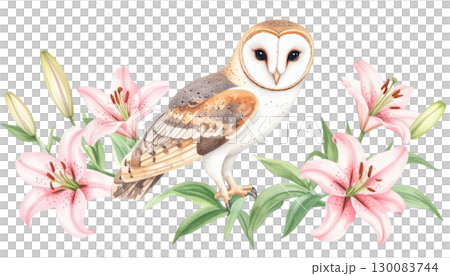 Owl perched on a branch in a natural spring landscape full of flowers and butterflies. Pink flowers in full bloom isolated on white background. 130083744