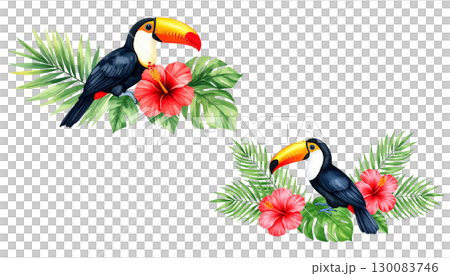 Colorful toucan with prominent beak perched amidst yellow flowers and green leaves in tropical forest isolated on white background 130083746