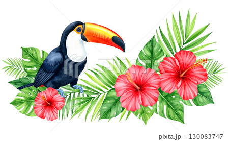 Colorful toucan with prominent beak perched amidst yellow flowers and green leaves in tropical forest isolated on white background 130083747