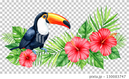 Colorful toucan with prominent beak perched amidst yellow flowers and green leaves in tropical forest isolated on white background 130083747