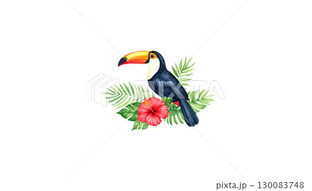 Colorful toucan with prominent beak perched amidst yellow flowers and green leaves in tropical forest isolated on white background 130083748