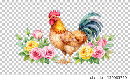 White rooster with red crest and hen isolated on white background. White rooster with red crest and hen isolated on white background. 130083750