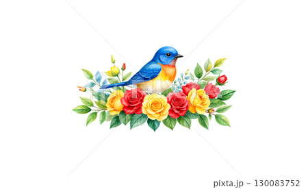 Bouquet of roses with birds on a branch isolated on white background 130083752