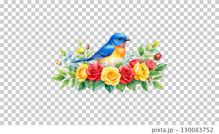 Bouquet of roses with birds on a branch isolated on white background 130083752