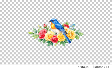 Bouquet of roses with birds on a branch isolated on white background 130083753