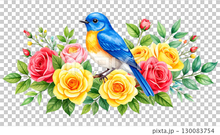 Bouquet of roses with birds on a branch isolated on white background 130083754