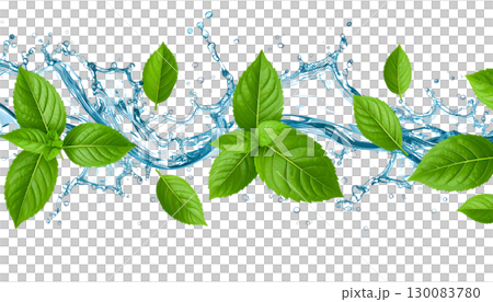 Fresh green mint leaves splashing on refreshing water surface isolated on white background. 130083780