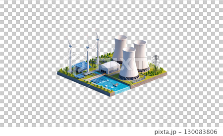 Isometric illustration set of factory and power plant buildings with isolated city elements on white background. 130083806