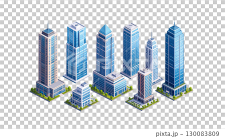 City skyline with towering skyscrapers and modern architecture isolated on white background. 130083809